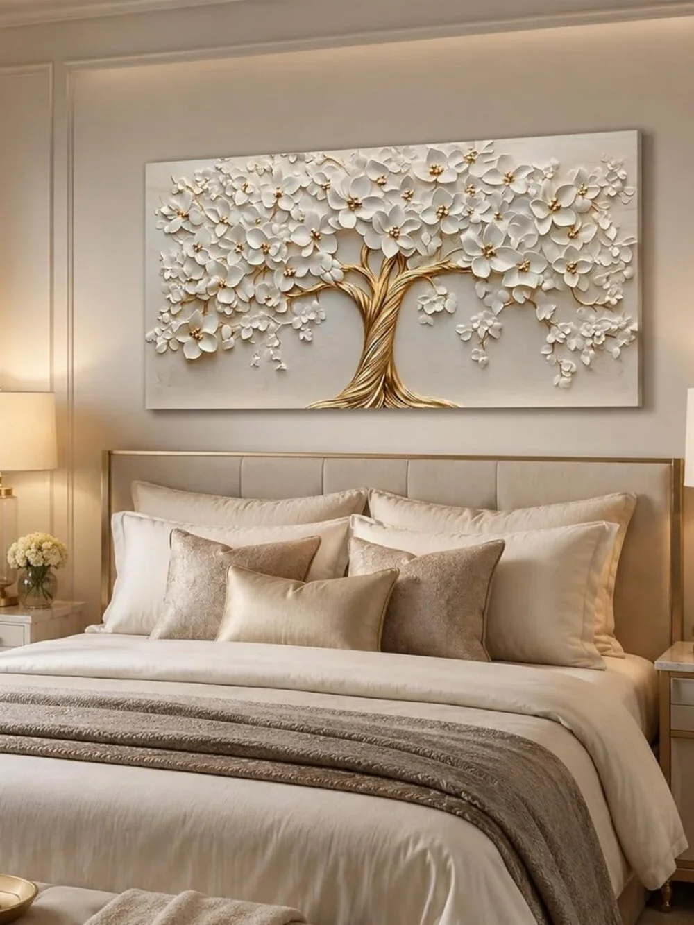 Large Tree of Life Canvas Art - Gold Floral Wall Decor for Living Room & Office